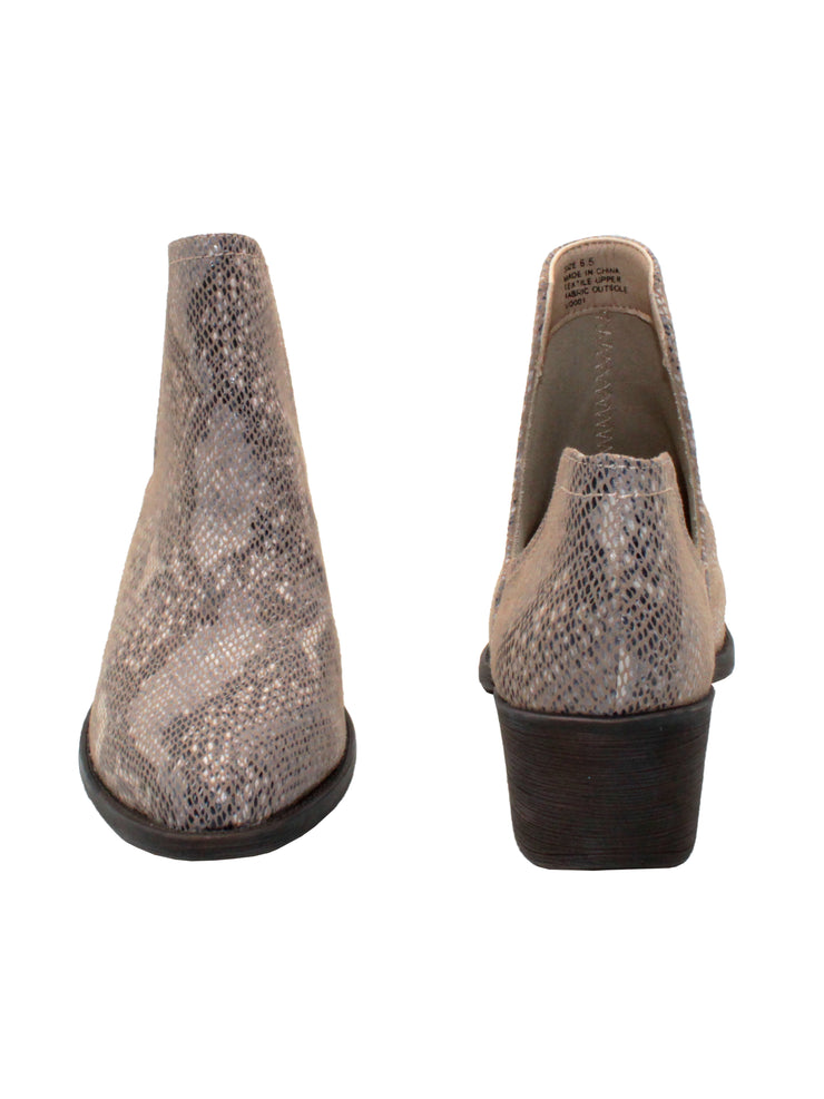 Our fan favorite beige multi CHRONICLE bootie by Volatile has been crafted in exotic materials, embossed faux croco or multicolored faux snake, for the new fall season. The upper features an attractive open shank that complement dresses and jeans alike.  front and back