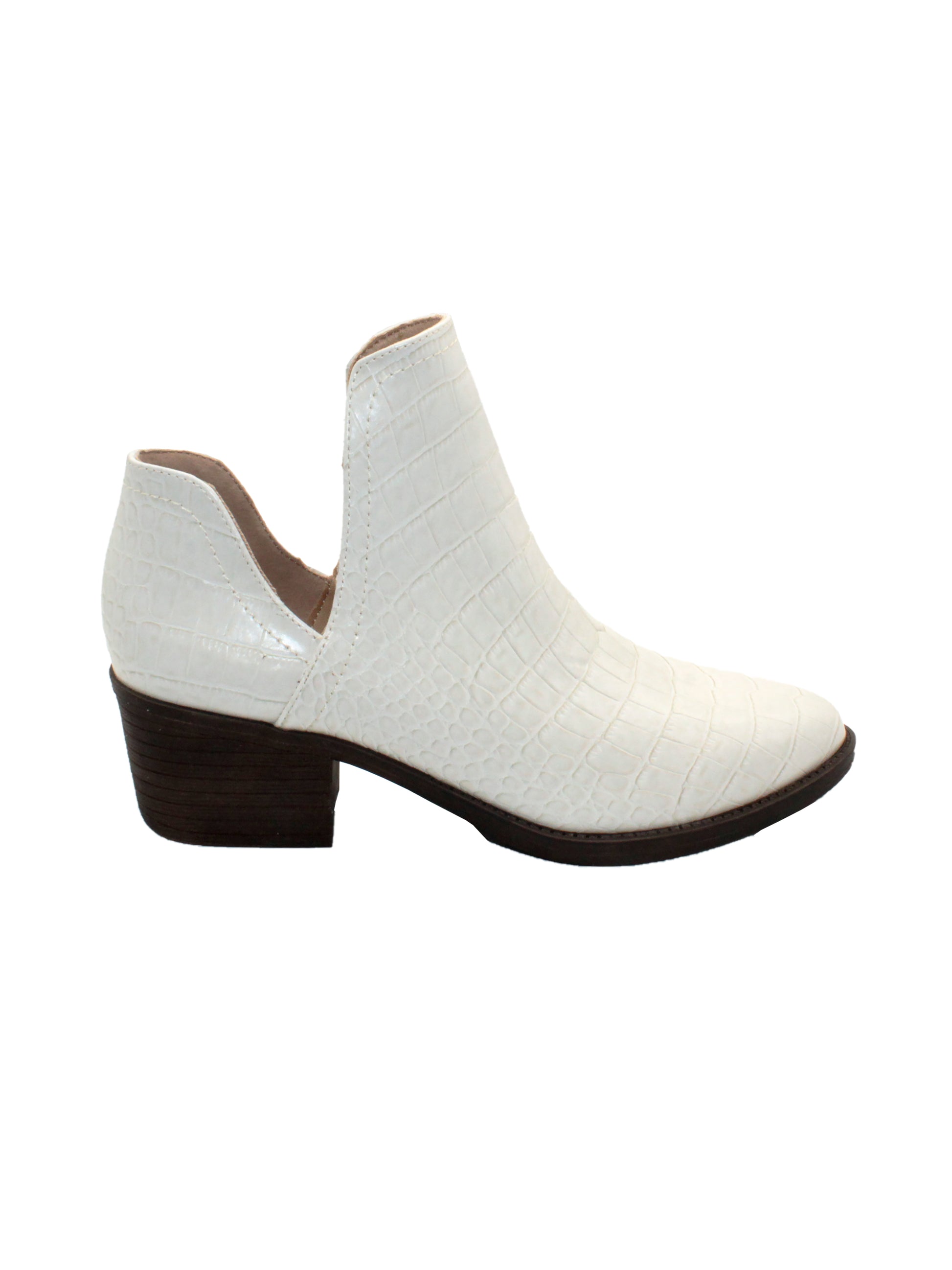 Our fan favorite bone croco CHRONICLE bootie by Volatile has been crafted in exotic materials, embossed faux croco or multicolored faux snake, for the new fall season. The upper features an attractive open shank that complement dresses and jeans alike. side 