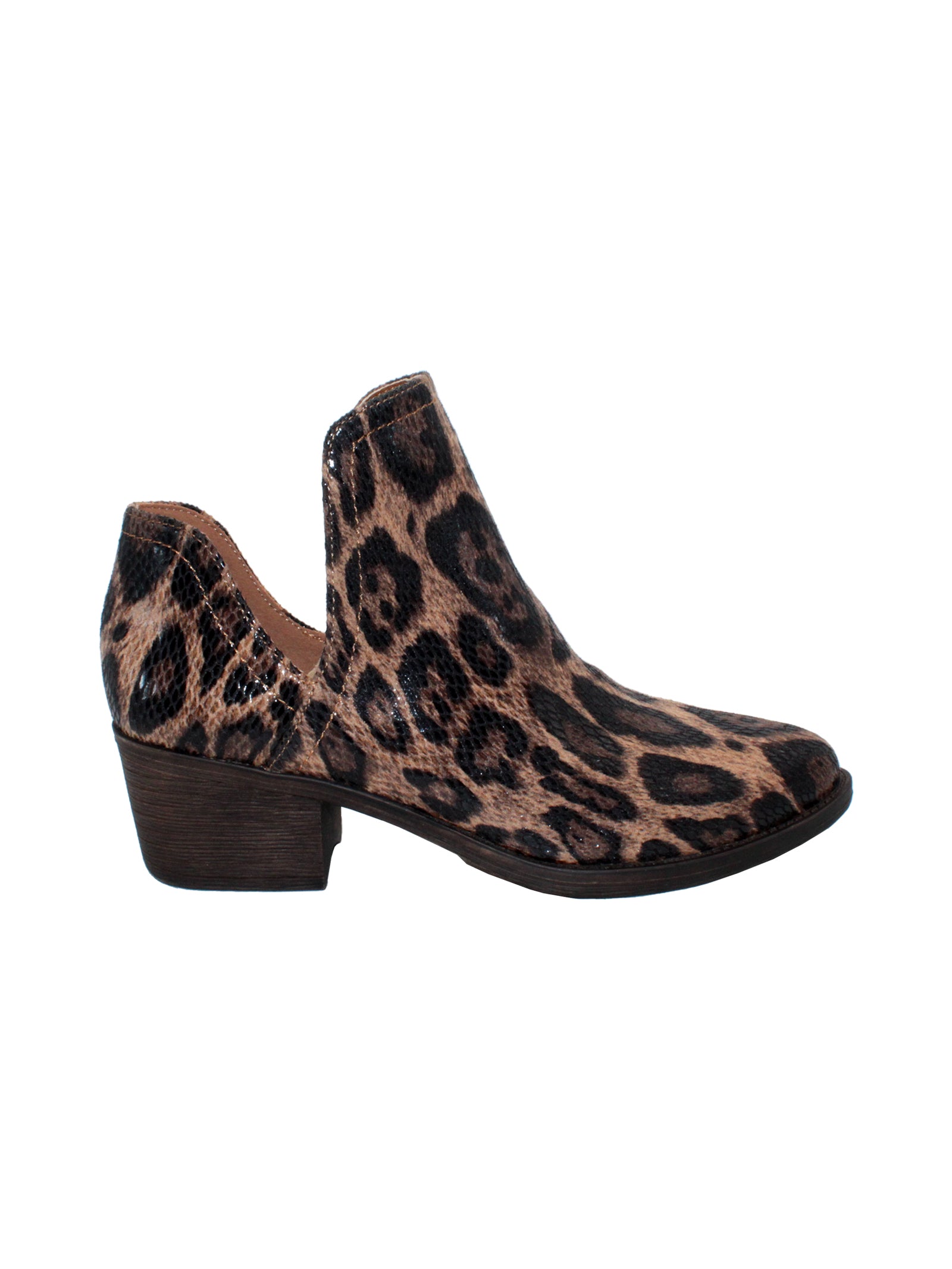 Our fan favorite leopard CHRONICLE bootie by Volatile has been crafted in exotic materials, embossed faux croco or multicolored faux snake, for the new fall season. The upper features an attractive open shank that complement dresses and jeans alike.  side