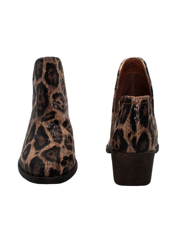 Our fan favorite leopard CHRONICLE bootie by Volatile has been crafted in exotic materials, embossed faux croco or multicolored faux snake, for the new fall season. The upper features an attractive open shank that complement dresses and jeans alike.  front and back