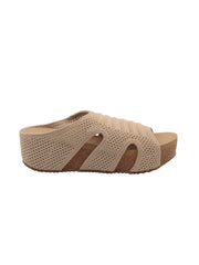 Volatile’s beige stretch knit open toe slide sandal wedge, Covey, takes an ergonomic approach, combining activewear comfort with a fashion silhouette. The stretch knit upper is inspired by running shoes and hugs the foot like a sock while the signature ultra comfort EVA insole is perfect for spending the entire day on your feet. The rubber traction outsole makes these ideal for walking on all surfaces, pair them with cargo shorts for exploring a new city on your next vacation. side