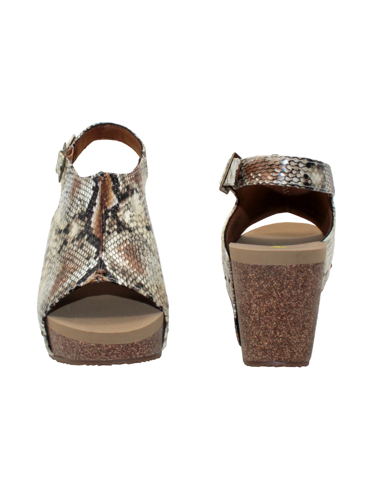 One of Volatile’s classic signature styles, the beige snake multi Division wedge sandal brings ultra-comfort to casual fashion like no other. The adjustable ankle strap offers stability, the padded lining and signature ultra-comfort EVA insole keeps feet feeling rested even after a full day of adventure, and the rubber traction outsole means these are safe for walking on any surface. Pack these for your next trip to wear with shorts for sightseeing and a flowy dress for special events. front and back