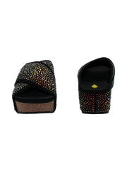 Volatile's Dixiedust crisscross slide is inspired by slippers. These sandals are ready to shine this Spring and Summer. These keep your feet cozy both indoors and outdoors, featuring Volatile’s signature ultra-comfort EVA insole and non-skid, durable rubber traction outsole. Try pairing them with a shiny dress or denim jeans. black 3