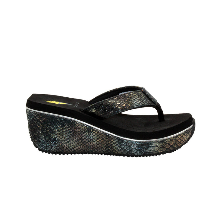 Volatile’s bestselling Frappachino wedge sandal is a style that transcends the trends and is available in our classic black and brown genuine leather versions, or, in this season’s new metallic embossed snake print for a fresh update. They feature Volatile’s signature ultra comfort EVA insole for all day comfort. black metal snake