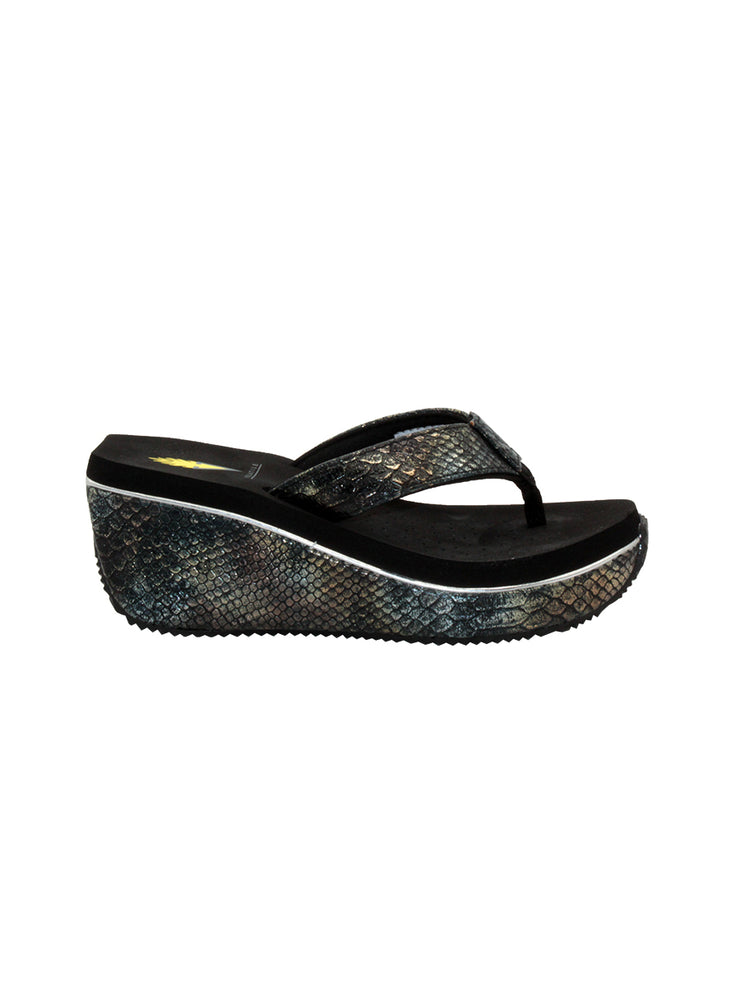 Volatile’s bestselling Frappachino wedge sandal is a style that transcends the trends and is available in our classic black and brown genuine leather versions, or, in this season’s new metallic embossed snake print for a fresh update. They feature Volatile’s signature ultra comfort EVA insole for all day comfort. black metal snake