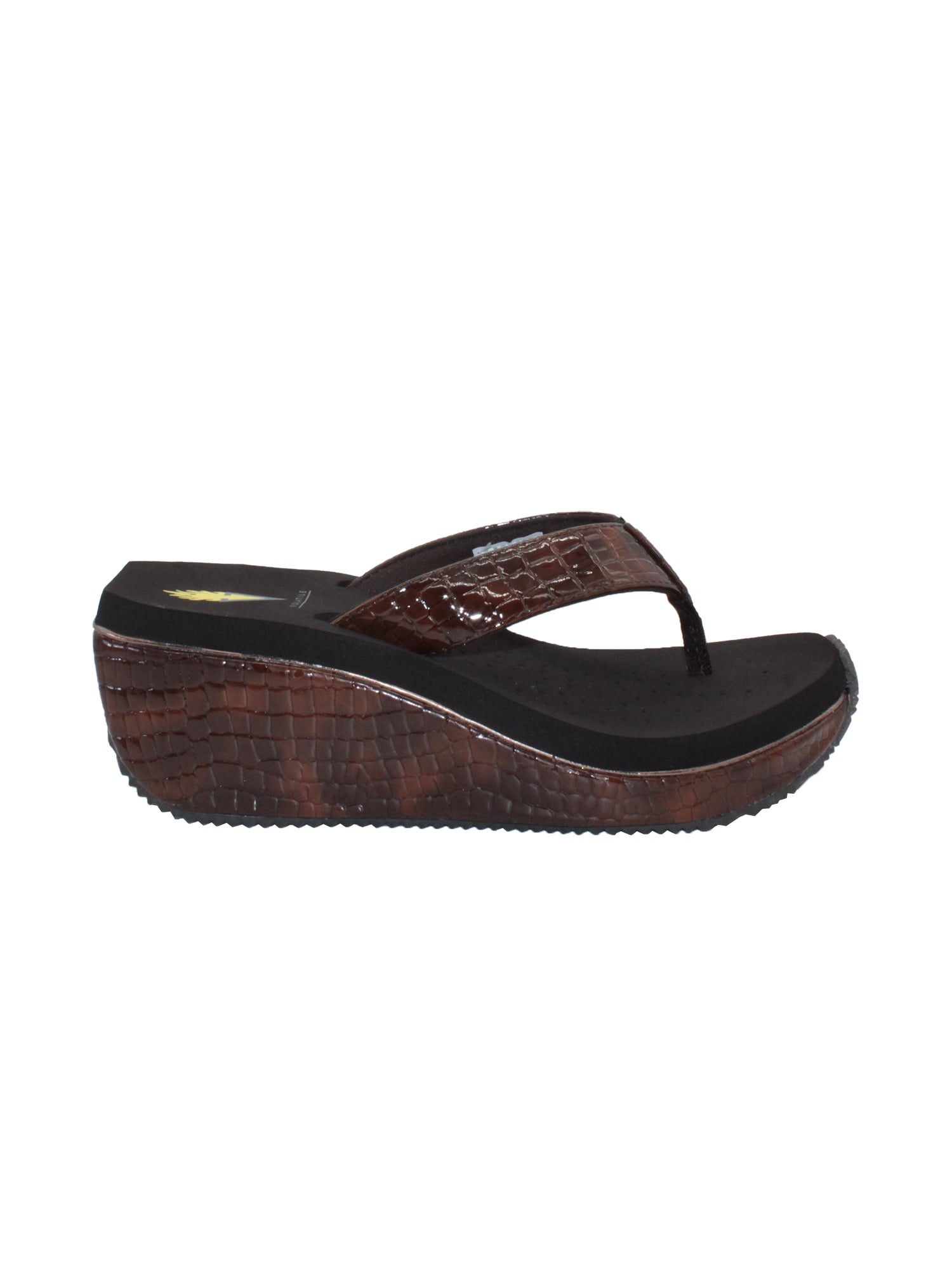  Volatile’s bestselling Frappachino wedge sandal is a style that transcends the trends and is available in our classic black and brown genuine leather versions, or, in this season’s new metallic embossed snake print for a fresh update. They feature Volatile’s signature ultra comfort EVA insole for all day comfort. brown croco 