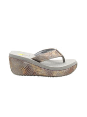 Volatile’s bestselling Frappachino wedge sandal is a style that transcends the trends and is available in our classic black and brown genuine leather versions, or, in this season’s new metallic embossed snake print for a fresh update. They feature Volatile’s signature ultra comfort EVA insole for all day comfort. natural metal snake 