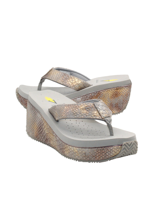 Volatile’s bestselling Frappachino wedge sandal is a style that transcends the trends and is available in our classic black and brown genuine leather versions, or, in this season’s new metallic embossed snake print for a fresh update. They feature Volatile’s signature ultra comfort EVA insole for all day comfort. natural metal snake 2