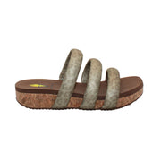 Introduce Volatile's slip-on three band sandal, the 'Gillette' in metallic leopard padded straps. Featuring Volatile’s signature ultra-comfort EVA insole and non-skid, durable rubber traction outsole for all day, elevated ease. Slip them on with everything from jeans to lounge wear. champagne
