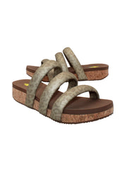 Introduce Volatile's slip-on three band sandal, the 'Gillette' in metallic leopard padded straps. Featuring Volatile’s signature ultra-comfort EVA insole and non-skid, durable rubber traction outsole for all day, elevated ease. Slip them on with everything from jeans to lounge wear. champagne 2