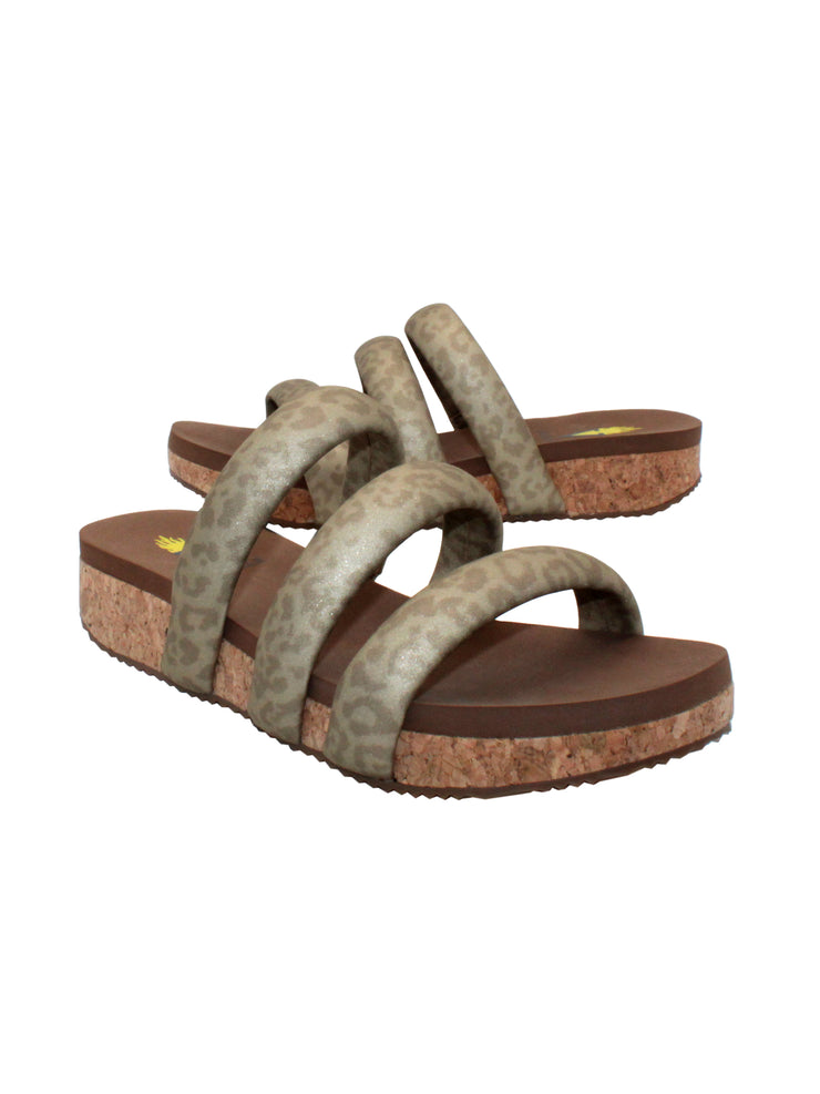 Introduce Volatile's slip-on three band sandal, the 'Gillette' in metallic leopard padded straps. Featuring Volatile’s signature ultra-comfort EVA insole and non-skid, durable rubber traction outsole for all day, elevated ease. Slip them on with everything from jeans to lounge wear. champagne 2