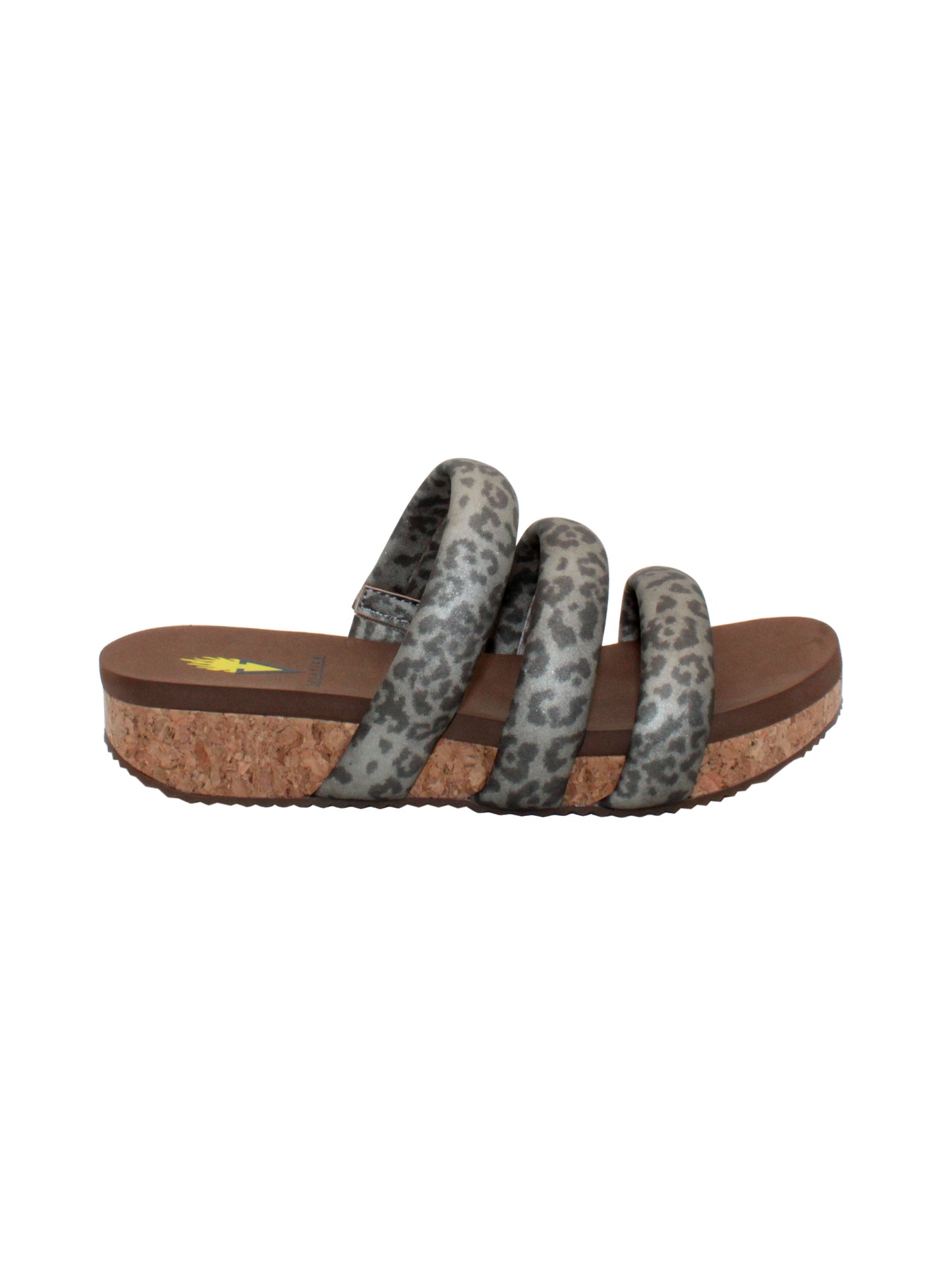 Introduce Volatile's slip-on three band sandal, the 'Gillette' in metallic leopard padded straps. Featuring Volatile’s signature ultra-comfort EVA insole and non-skid, durable rubber traction outsole for all day, elevated ease. Slip them on with everything from jeans to lounge wear.  pewter