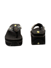 The Gypsy thong wedge sandal by Volatile is crafted in a textured synthetic python material adorned with cased jewels and studs. They feature Volatile’s signature ultra comfort EVA insole for all day comfort, padded textile lining and nonskid rubber traction outsoles to give you all day wear in style. Feel free to dress this sandal up or down or any occasion. 3