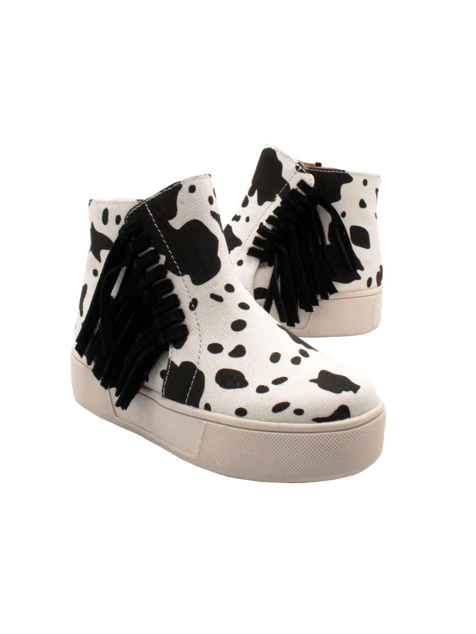 The ‘Lance’ fringed sneaker bootie by Volatile Kids is designed for little feet going to big places and is the comfiest way to take part in the Western trend. They have inside zippers to make them easy to slip on and off, while the textured rubber sneaker bottom provides traction and stability. These work equally well with skirts and pants alike. black white cow 2
