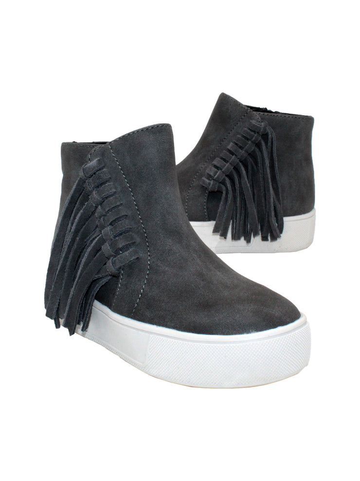 The ‘Lance’ fringed sneaker bootie by Volatile Kids is designed for little feet going to big places and is the comfiest way to take part in the Western trend. They have inside zippers to make them easy to slip on and off, while the textured rubber sneaker bottom provides traction and stability. These work equally well with skirts and pants alike. gray 2